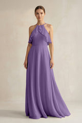 Halter Neck A - Line Chiffon Bridesmaid Dress with Keyhole in Tahiti - KissProm Bridesmaid Dresses