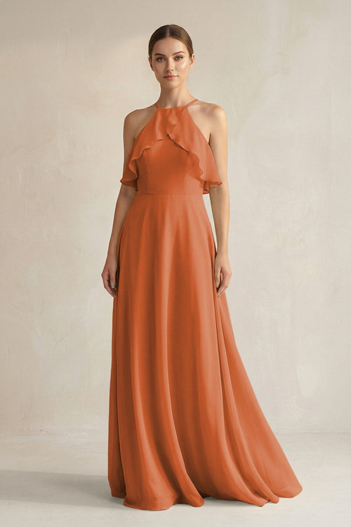 Halter Neck A - Line Chiffon Bridesmaid Dress with Keyhole in Terracotta - KissProm Bridesmaid Dresses