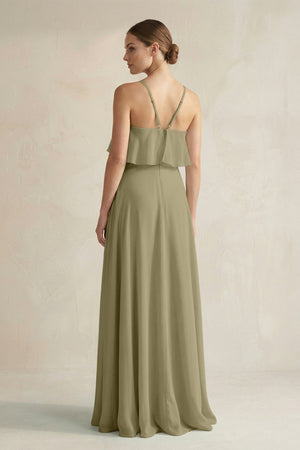 Halter Neck A - Line Chiffon Bridesmaid Dress with Keyhole in Thyme - KissProm Bridesmaid Dresses