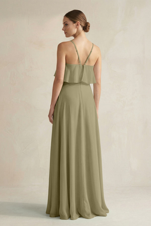 Halter Neck A - Line Chiffon Bridesmaid Dress with Keyhole in Thyme - KissProm Bridesmaid Dresses