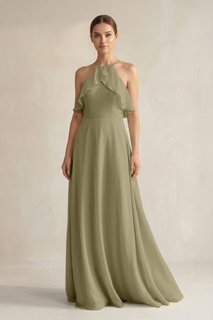 Halter Neck A - Line Chiffon Bridesmaid Dress with Keyhole in Thyme - KissProm Bridesmaid Dresses
