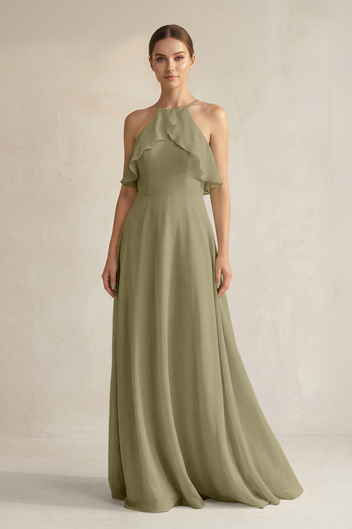 Halter Neck A - Line Chiffon Bridesmaid Dress with Keyhole in Thyme - KissProm Bridesmaid Dresses