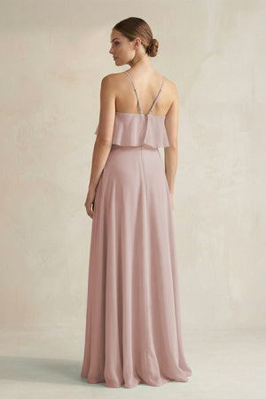 Halter Neck A - Line Chiffon Bridesmaid Dress with Keyhole in Toffee - KissProm Bridesmaid Dresses