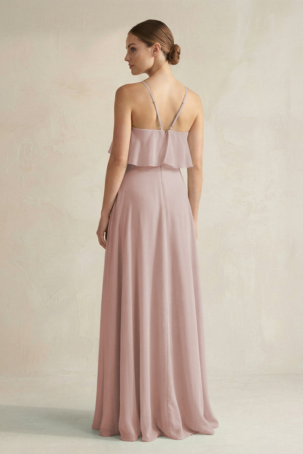 Halter Neck A - Line Chiffon Bridesmaid Dress with Keyhole in Toffee - KissProm Bridesmaid Dresses