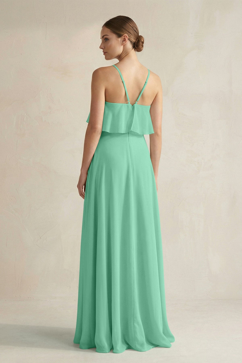 Halter Neck A - Line Chiffon Bridesmaid Dress with Keyhole in Turquoise - KissProm Bridesmaid Dresses