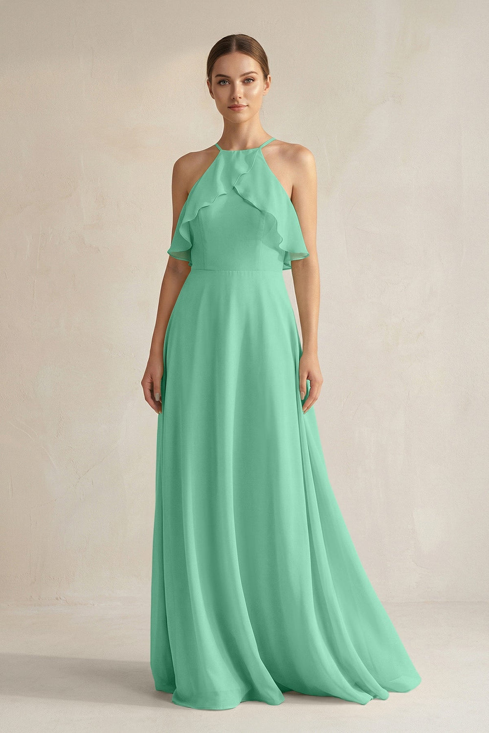 Halter Neck A - Line Chiffon Bridesmaid Dress with Keyhole in Turquoise - KissProm Bridesmaid Dresses