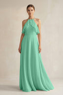 Halter Neck A - Line Chiffon Bridesmaid Dress with Keyhole in Turquoise - KissProm Bridesmaid Dresses