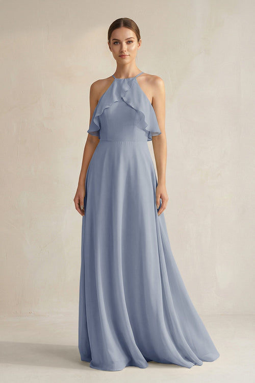Halter Neck A - Line Chiffon Bridesmaid Dress with Keyhole in Twilight - KissProm Bridesmaid Dresses