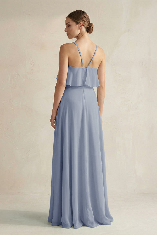 Halter Neck A - Line Chiffon Bridesmaid Dress with Keyhole in Twilight - KissProm Bridesmaid Dresses