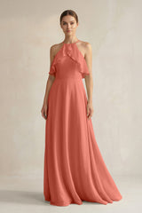 Halter Neck A - Line Chiffon Bridesmaid Dress with Keyhole in Wild Rose - KissProm Bridesmaid Dresses