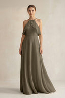 Halter Neck A - Line Chiffon Bridesmaid Dress with Keyhole in Willow Green - KissProm Bridesmaid Dresses
