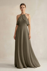 Halter Neck A - Line Chiffon Bridesmaid Dress with Keyhole in Willow Green - KissProm Bridesmaid Dresses