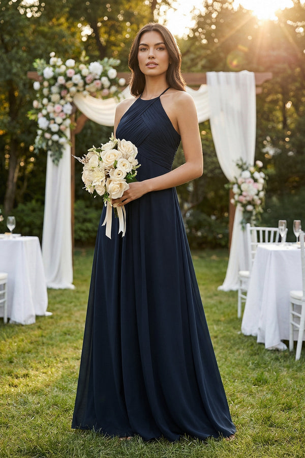 Halter Neck Pleated A - Line Chiffon Bridesmaid Dress - KissProm Bridesmaid Dresses