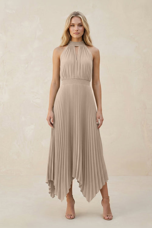 Halter Neck Pleated A - Line Chiffon Bridesmaid Dress in Almond - KissProm Bridesmaid Dresses