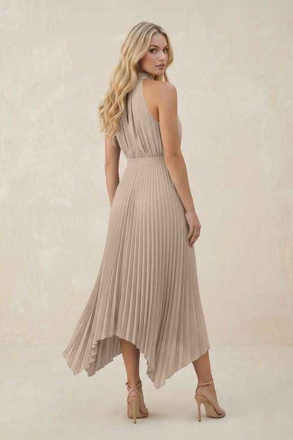 Halter Neck Pleated A - Line Chiffon Bridesmaid Dress in Almond - KissProm Bridesmaid Dresses