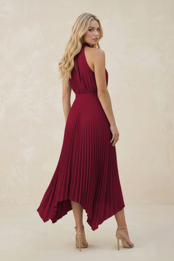 Halter Neck Pleated A - Line Chiffon Bridesmaid Dress in Berry - KissProm Bridesmaid Dresses