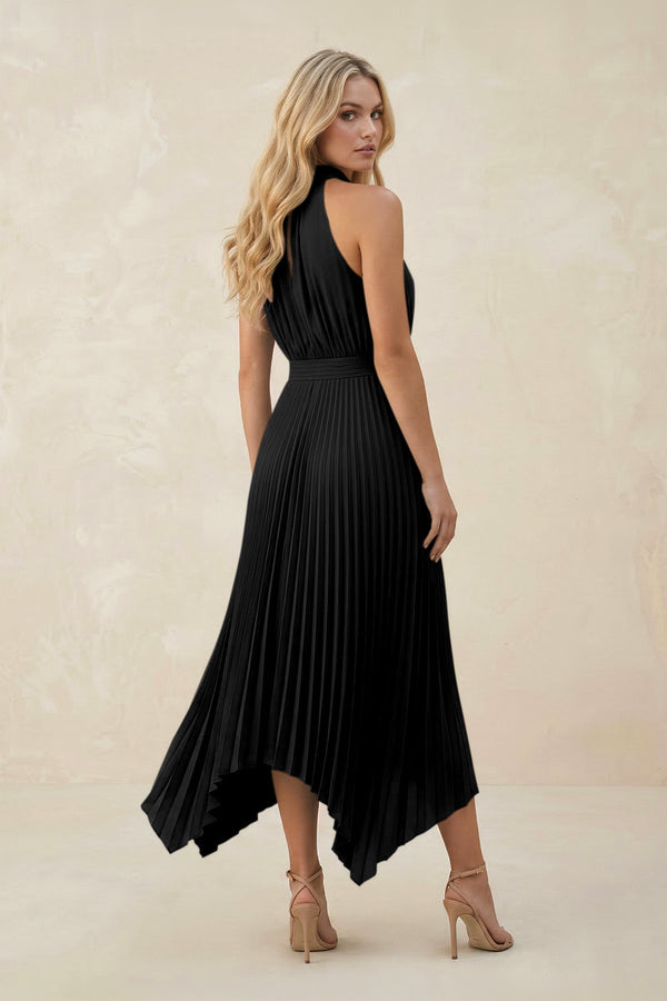 Halter Neck Pleated A - Line Chiffon Bridesmaid Dress in Black - KissProm Bridesmaid Dresses
