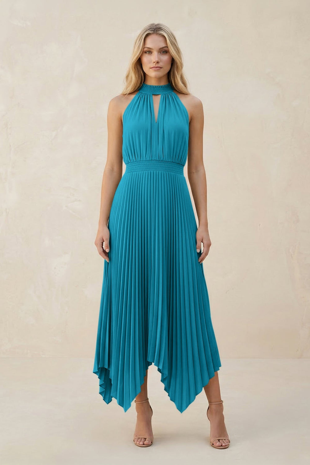 Halter Neck Pleated A - Line Chiffon Bridesmaid Dress in Blue Jay - KissProm Bridesmaid Dresses