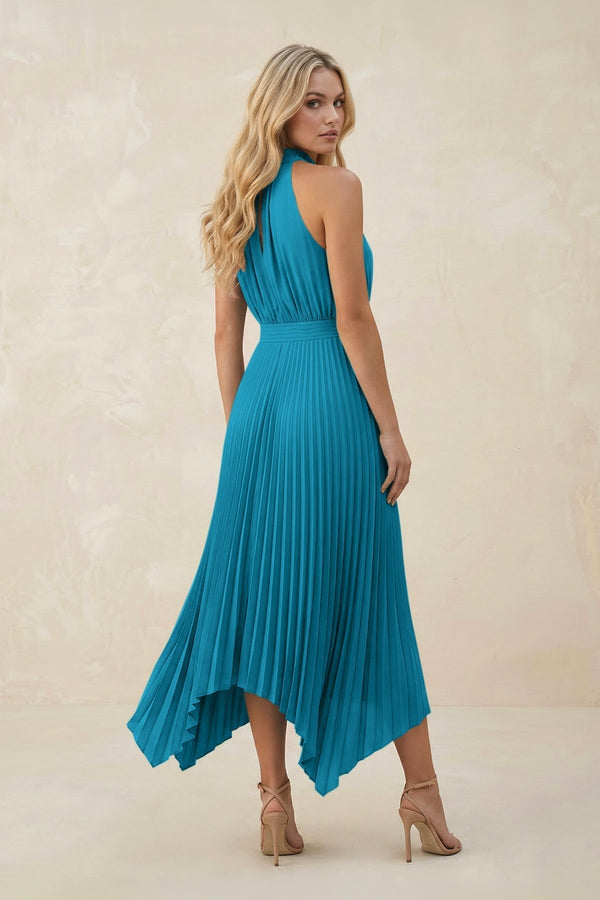 Halter Neck Pleated A - Line Chiffon Bridesmaid Dress in Blue Jay - KissProm Bridesmaid Dresses