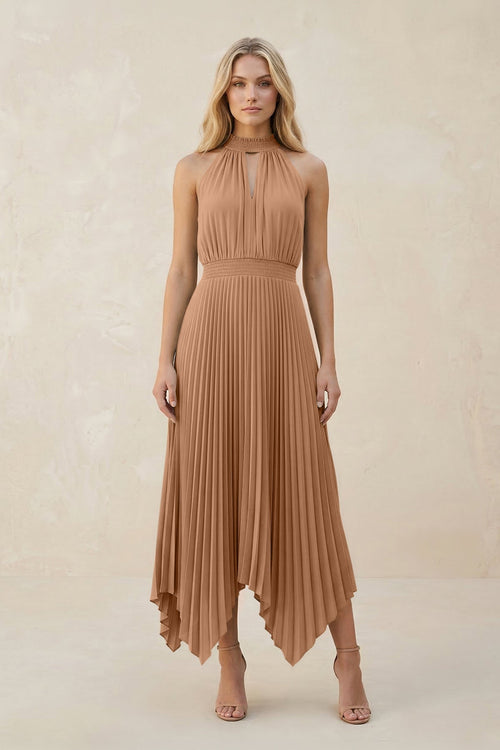 Halter Neck Pleated A - Line Chiffon Bridesmaid Dress in Bronzer - KissProm Bridesmaid Dresses
