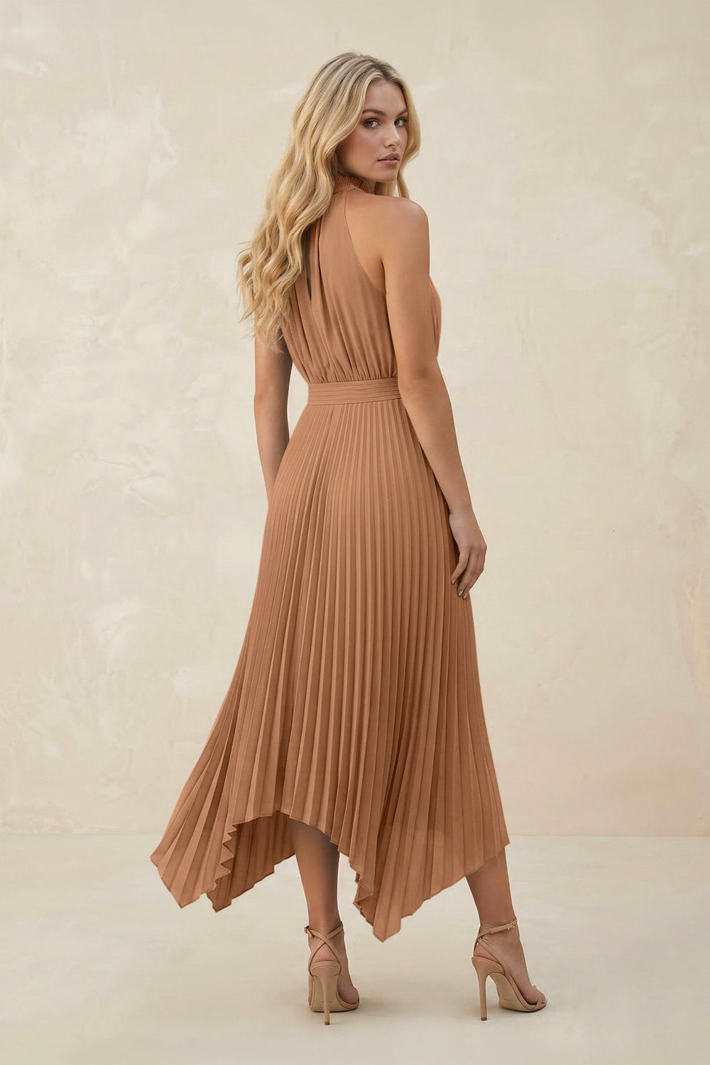 Halter Neck Pleated A - Line Chiffon Bridesmaid Dress in Bronzer - KissProm Bridesmaid Dresses