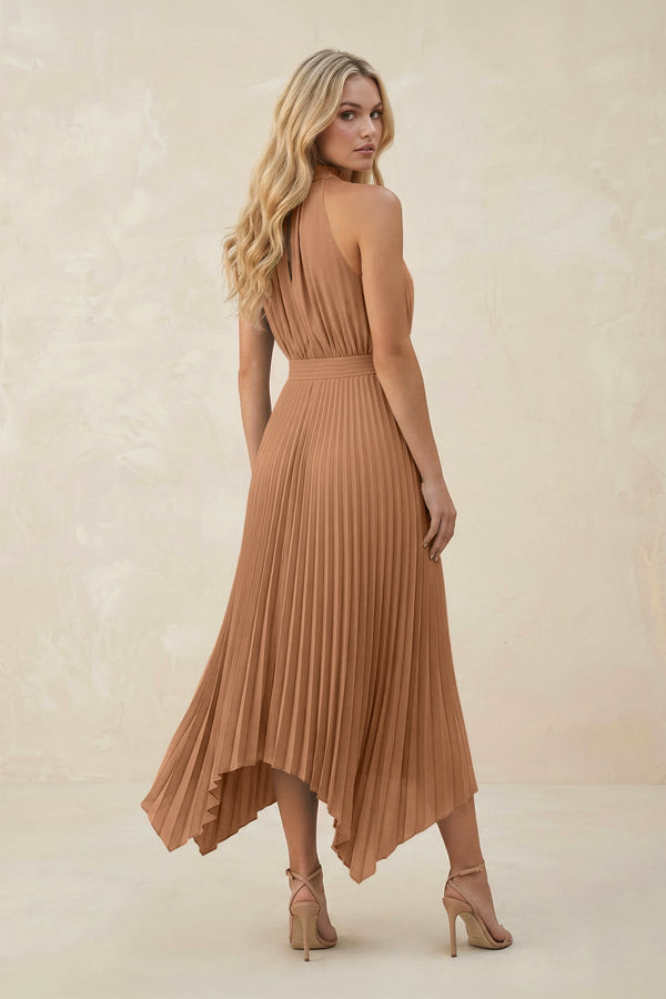 Halter Neck Pleated A - Line Chiffon Bridesmaid Dress in Bronzer - KissProm Bridesmaid Dresses