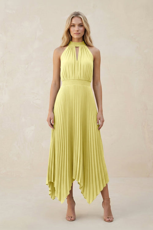 Halter Neck Pleated A - Line Chiffon Bridesmaid Dress in Buttercup - KissProm Bridesmaid Dresses