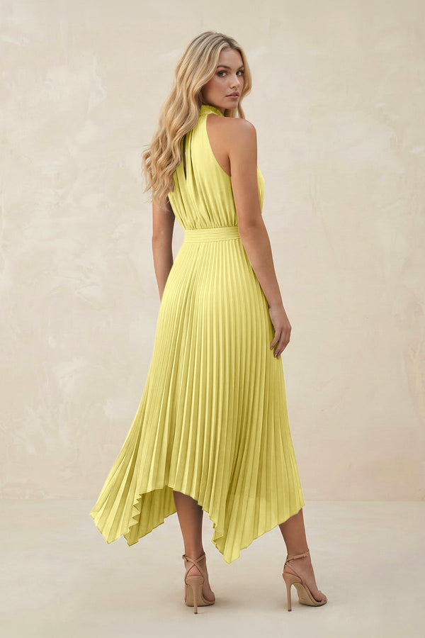 Halter Neck Pleated A - Line Chiffon Bridesmaid Dress in Buttercup - KissProm Bridesmaid Dresses