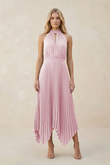 Halter Neck Pleated A - Line Chiffon Bridesmaid Dress in Candy Pink - KissProm Bridesmaid Dresses