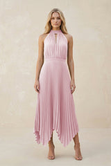 Halter Neck Pleated A - Line Chiffon Bridesmaid Dress in Candy Pink - KissProm Bridesmaid Dresses