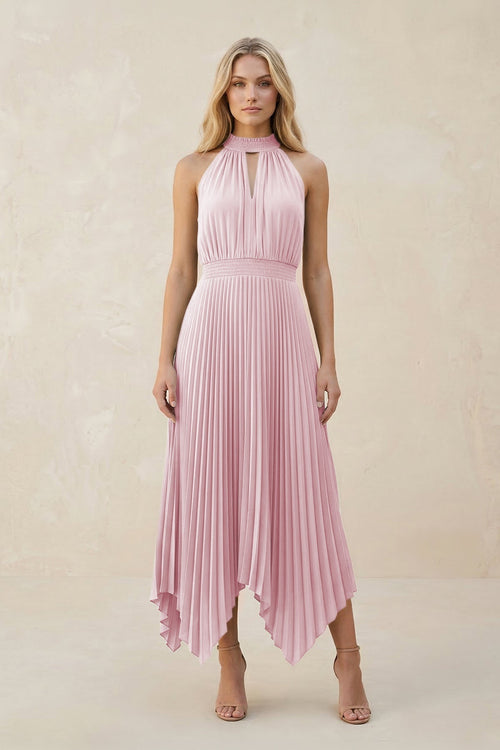 Halter Neck Pleated A - Line Chiffon Bridesmaid Dress in Candy Pink - KissProm Bridesmaid Dresses
