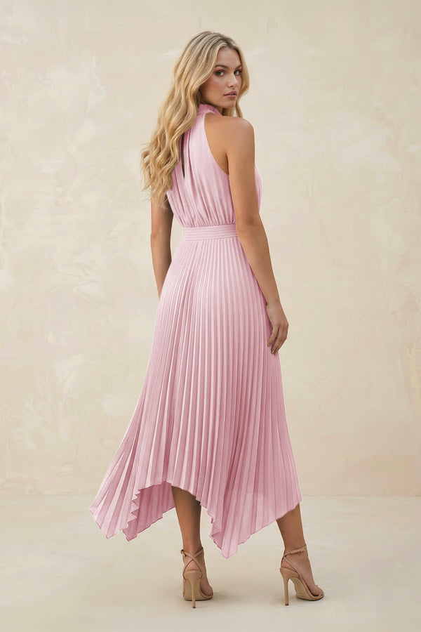 Halter Neck Pleated A - Line Chiffon Bridesmaid Dress in Candy Pink - KissProm Bridesmaid Dresses