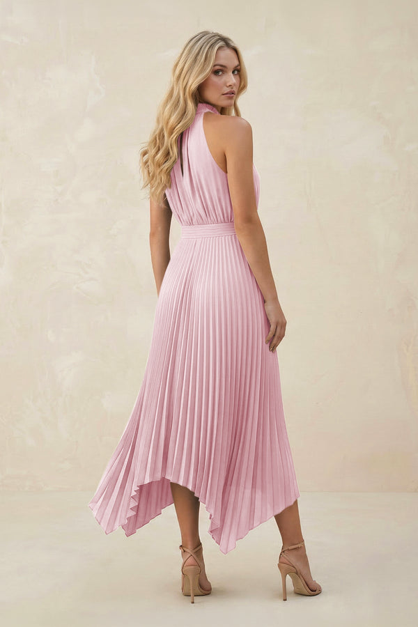 Halter Neck Pleated A - Line Chiffon Bridesmaid Dress in Candy Pink - KissProm Bridesmaid Dresses
