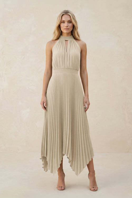 Halter Neck Pleated A - Line Chiffon Bridesmaid Dress in Champagne - KissProm Bridesmaid Dresses