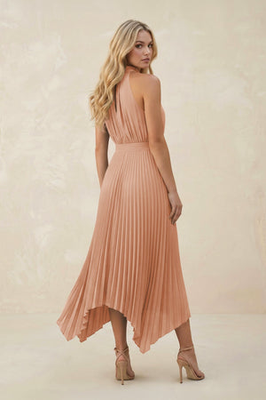 Halter Neck Pleated A - Line Chiffon Bridesmaid Dress in Champagne Rose - KissProm Bridesmaid Dresses