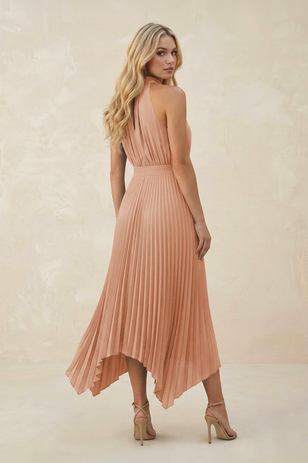 Halter Neck Pleated A - Line Chiffon Bridesmaid Dress in Champagne Rose - KissProm Bridesmaid Dresses