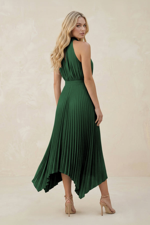 Halter Neck Pleated A - Line Chiffon Bridesmaid Dress in Dark Green - KissProm Bridesmaid Dresses