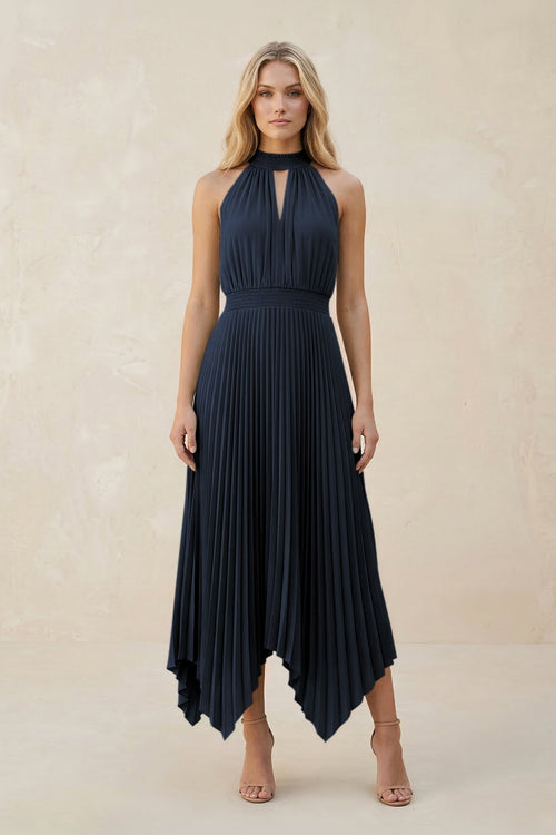 Halter Neck Pleated A - Line Chiffon Bridesmaid Dress in Dark Navy - KissProm Bridesmaid Dresses