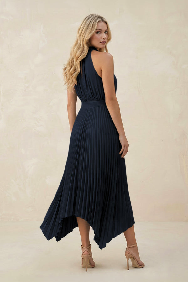 Halter Neck Pleated A - Line Chiffon Bridesmaid Dress in Dark Navy - KissProm Bridesmaid Dresses