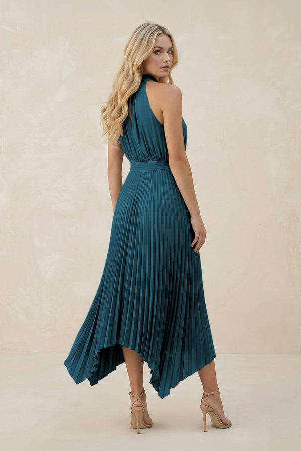 Halter Neck Pleated A - Line Chiffon Bridesmaid Dress in Dark Teal - KissProm Bridesmaid Dresses
