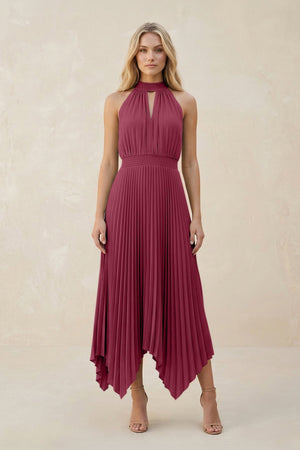 Halter Neck Pleated A - Line Chiffon Bridesmaid Dress in Desert Rose - KissProm Bridesmaid Dresses