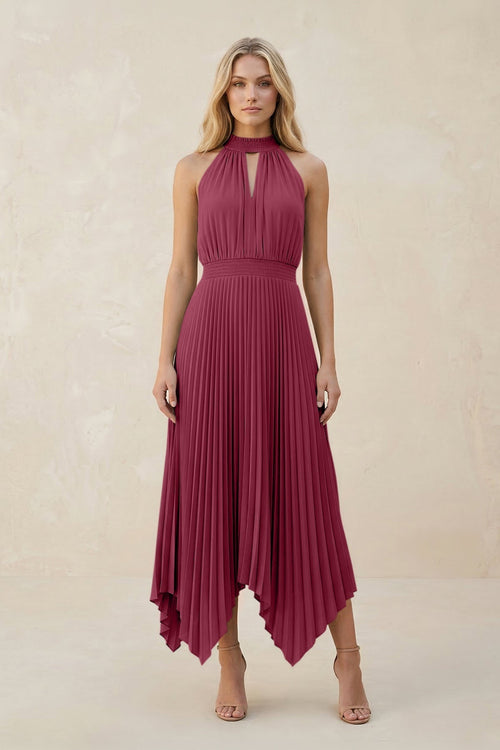 Halter Neck Pleated A - Line Chiffon Bridesmaid Dress in Desert Rose - KissProm Bridesmaid Dresses