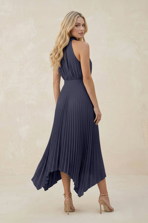 Halter Neck Pleated A - Line Chiffon Bridesmaid Dress in Dusk Blue - KissProm Bridesmaid Dresses