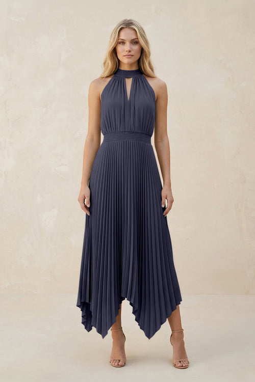 Halter Neck Pleated A - Line Chiffon Bridesmaid Dress in Dusk Blue - KissProm Bridesmaid Dresses