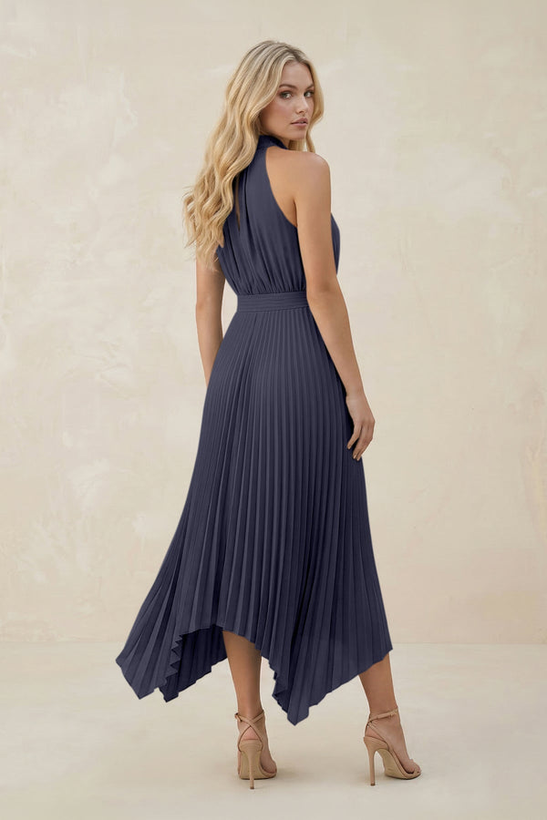 Halter Neck Pleated A - Line Chiffon Bridesmaid Dress in Dusk Blue - KissProm Bridesmaid Dresses