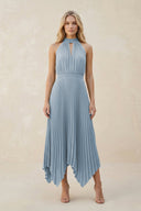 Halter Neck Pleated A - Line Chiffon Bridesmaid Dress in Dusty Blue - KissProm Bridesmaid Dresses