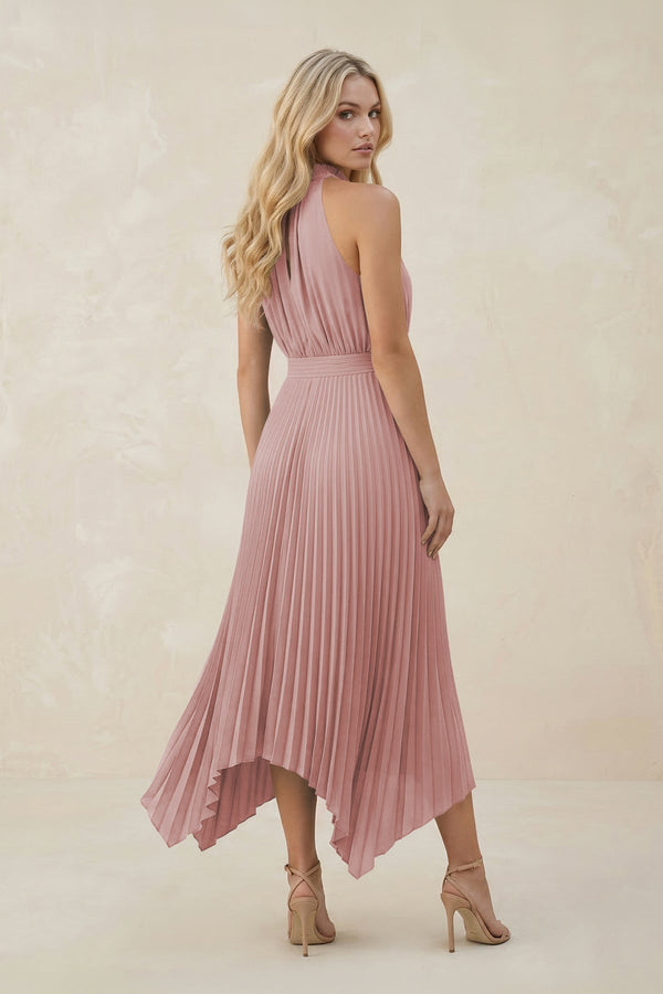 Halter Neck Pleated A - Line Chiffon Bridesmaid Dress in Dusty Rose - KissProm Bridesmaid Dresses