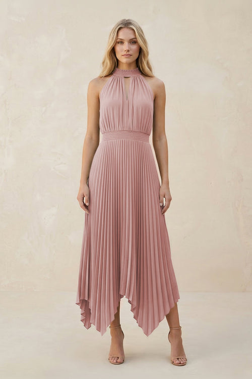Halter Neck Pleated A - Line Chiffon Bridesmaid Dress in Dusty Rose - KissProm Bridesmaid Dresses