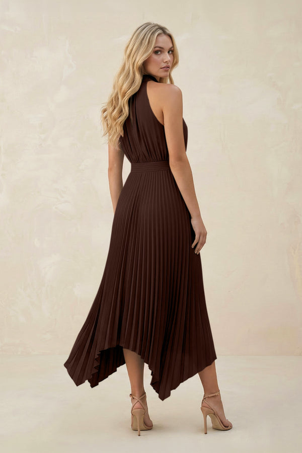 Halter Neck Pleated A - Line Chiffon Bridesmaid Dress in Espresso - KissProm Bridesmaid Dresses