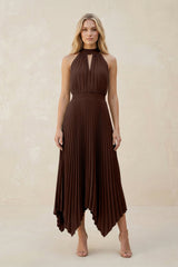 Halter Neck Pleated A - Line Chiffon Bridesmaid Dress in Espresso - KissProm Bridesmaid Dresses